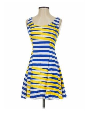 Dusen Dusen Size 2 Blue Yellow White Geometric Stripe Sleeveless Fit Flare Dress